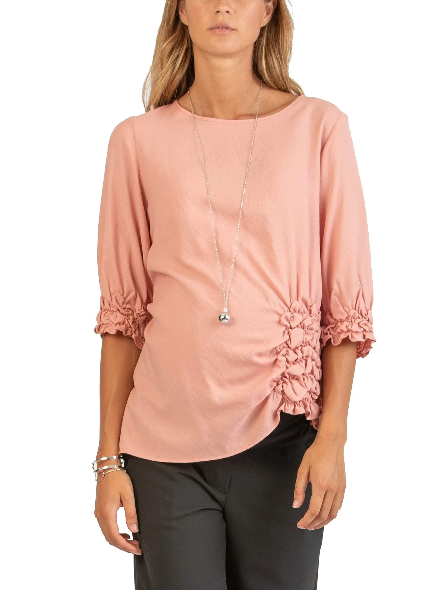 3/4 Sleeve Maternity Blouse with Ruffles - Pink