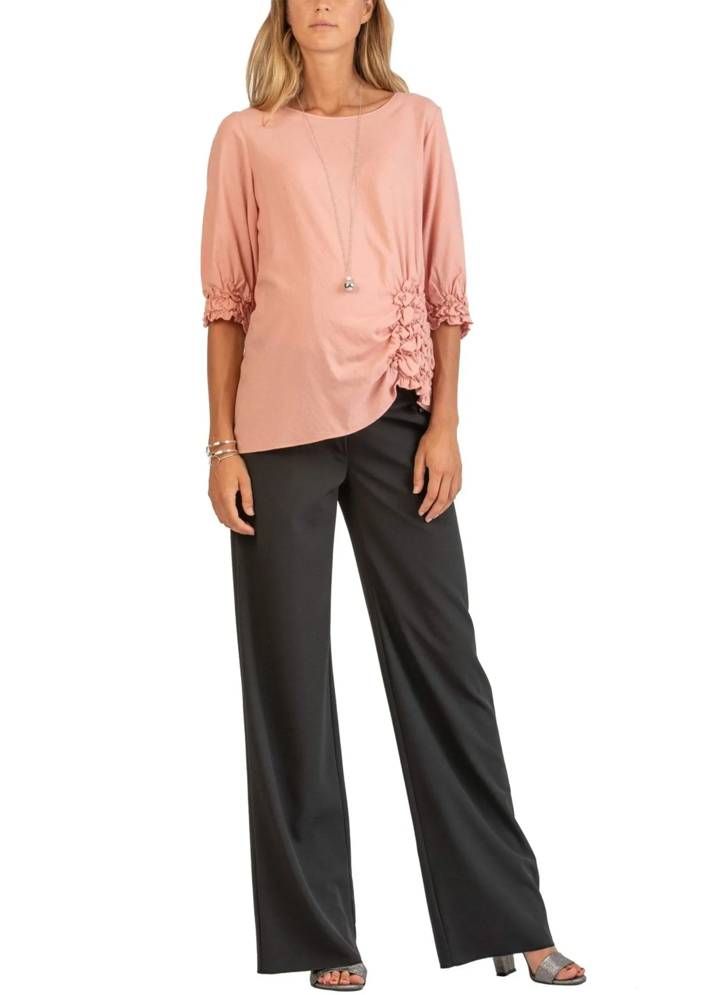 3/4 Sleeve Maternity Blouse with Ruffles - Pink