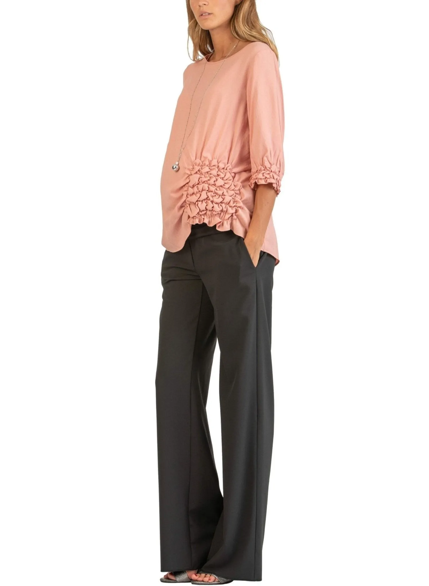 3/4 Sleeve Maternity Blouse with Ruffles - Pink