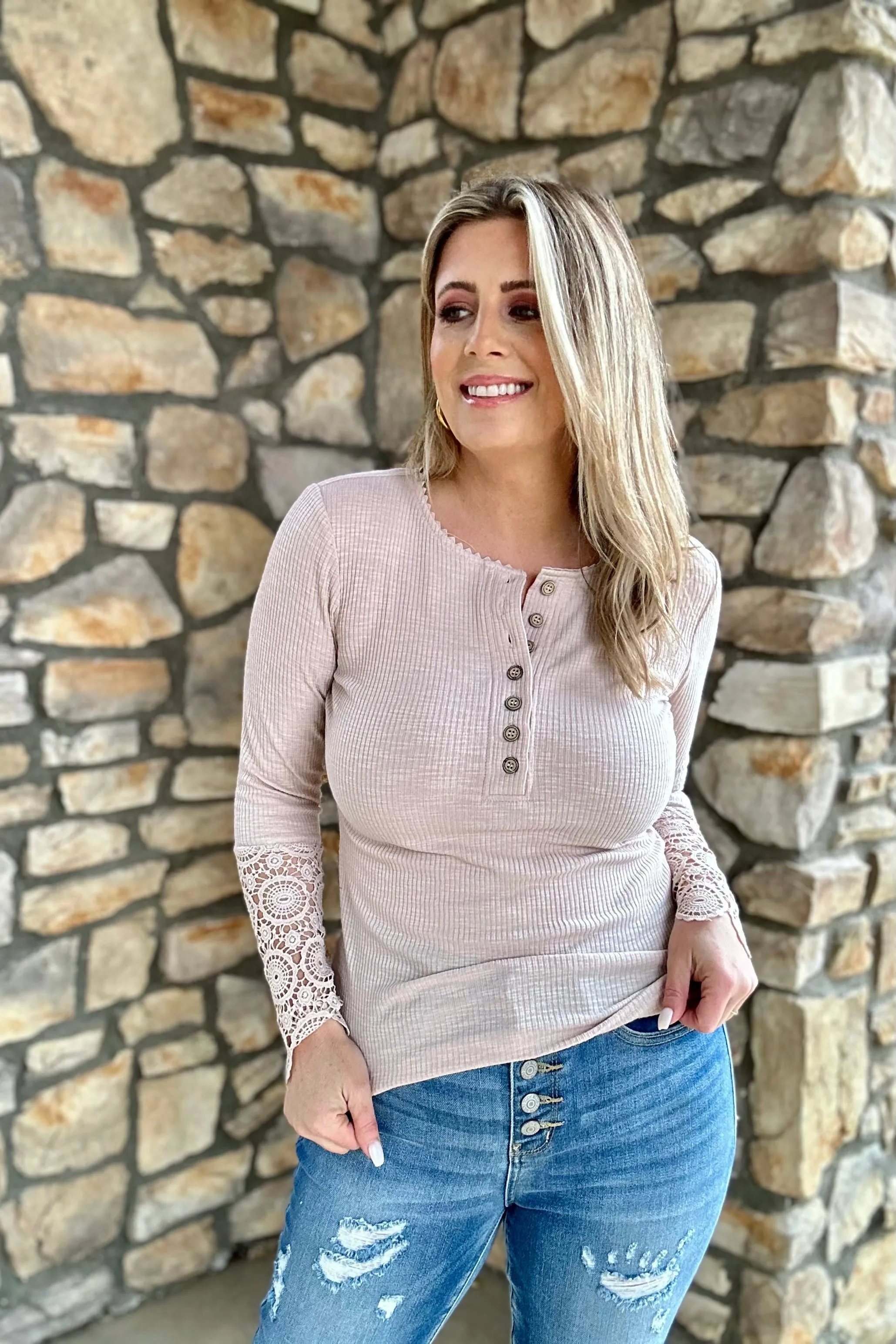 Beige Crochet Lace Hem Sleeve Button Top