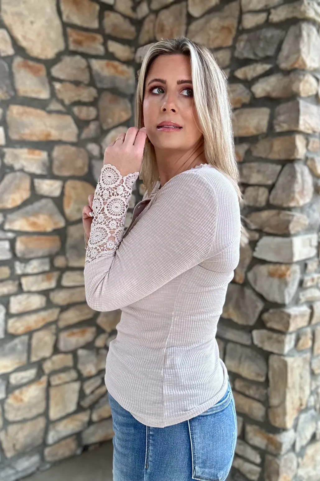 Beige Crochet Lace Hem Sleeve Button Top