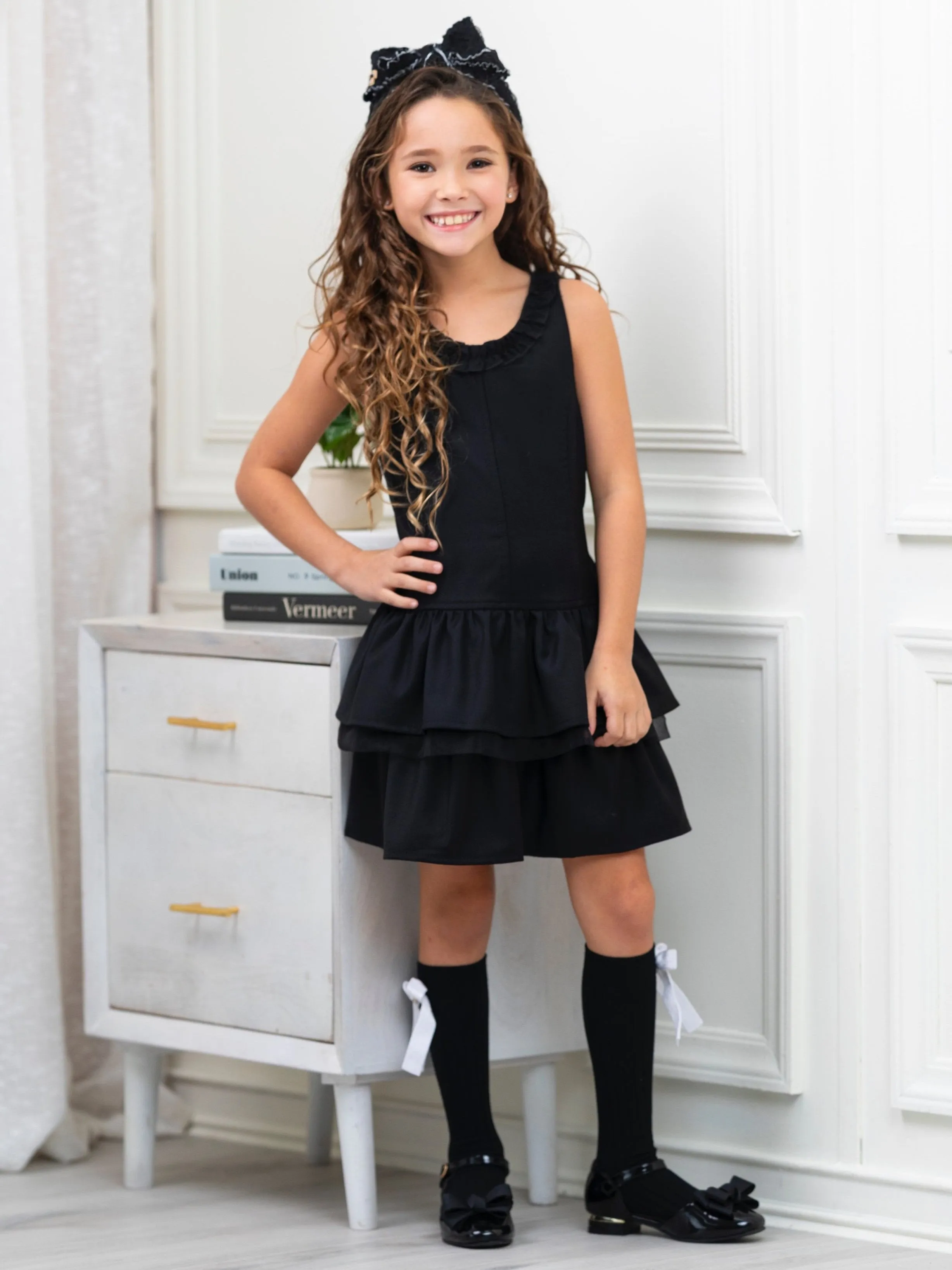 Black Bow Tiered Ruffle Dress by Kids Couture