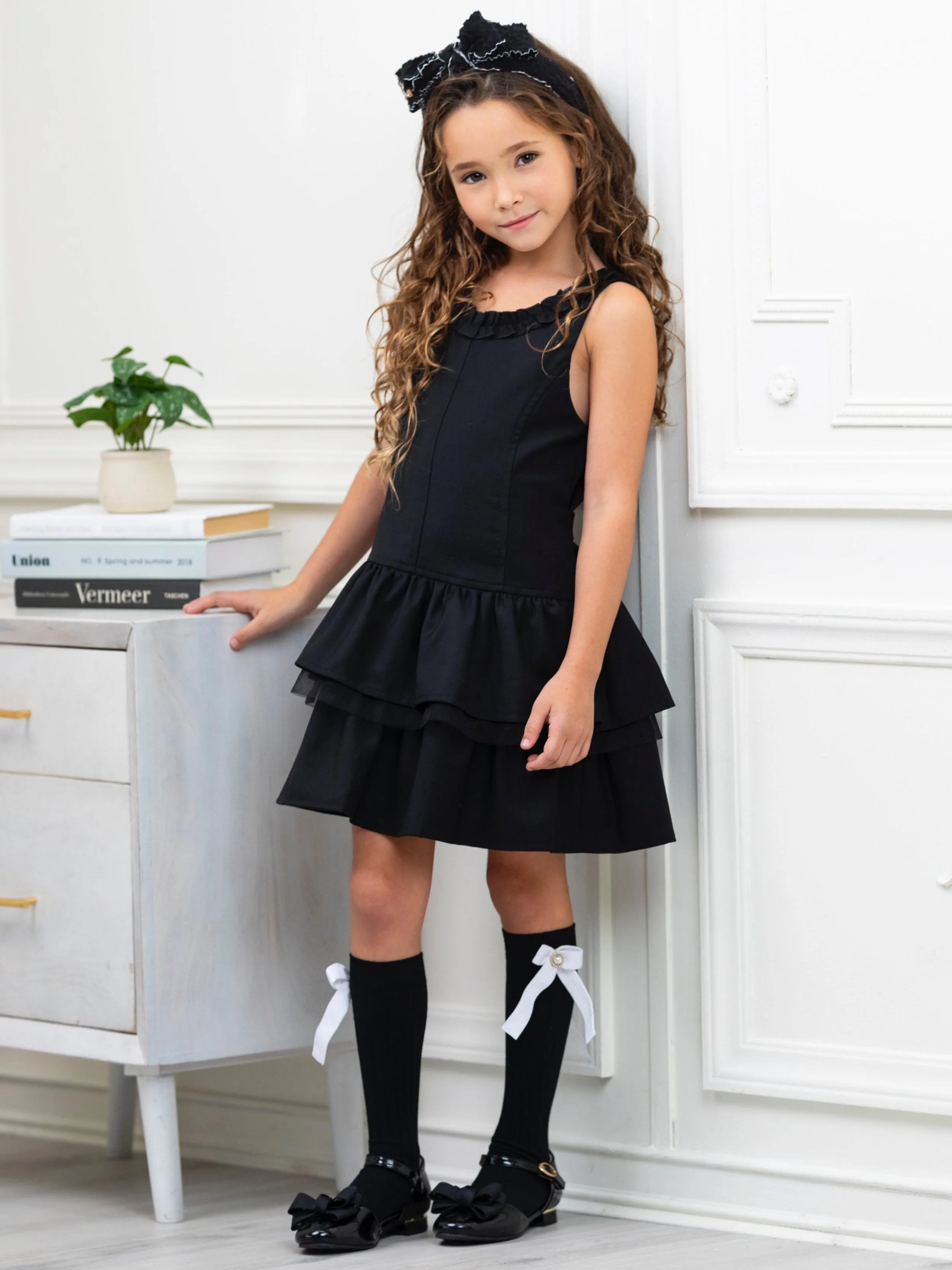 Black Bow Tiered Ruffle Dress by Kids Couture