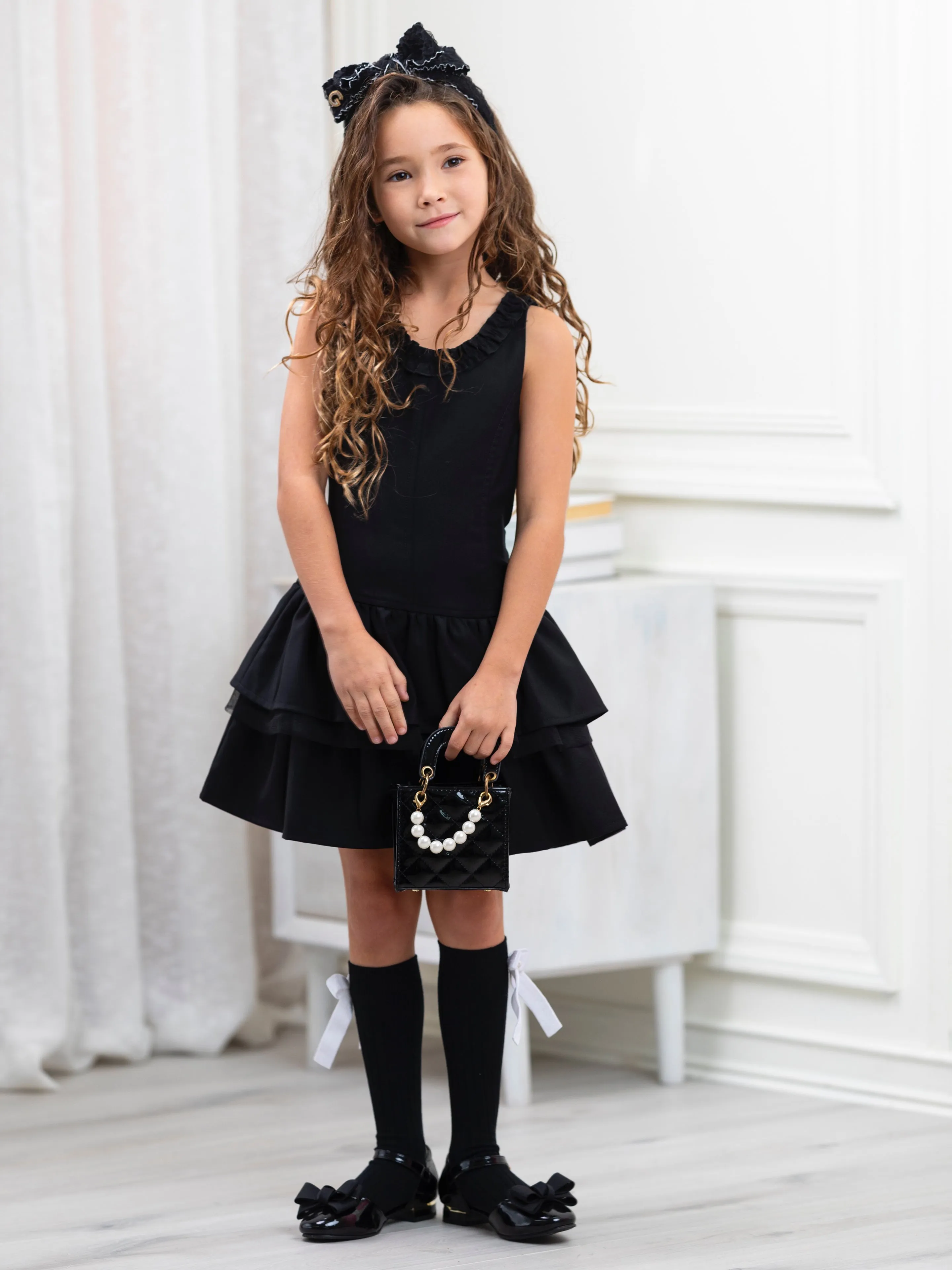 Black Bow Tiered Ruffle Dress by Kids Couture