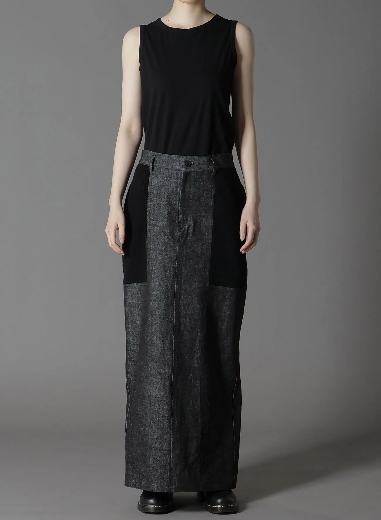 BLACK DENIM  WOOL JERSEY RIB TIGHT SKIRTS