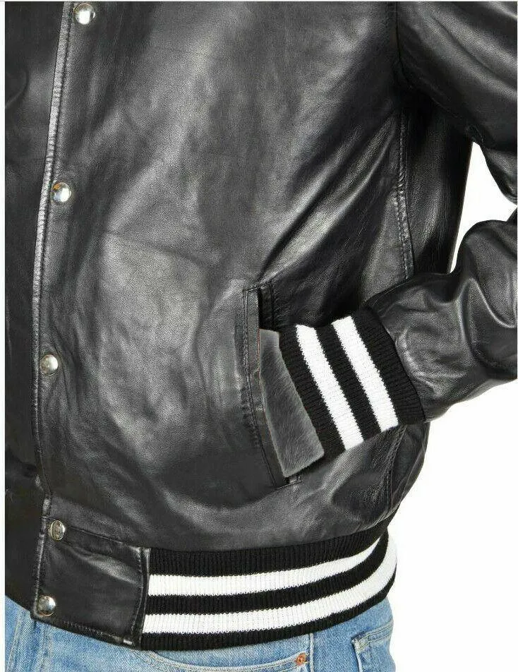 Black Leather Lightweight Bomber Varsity Style Jacket