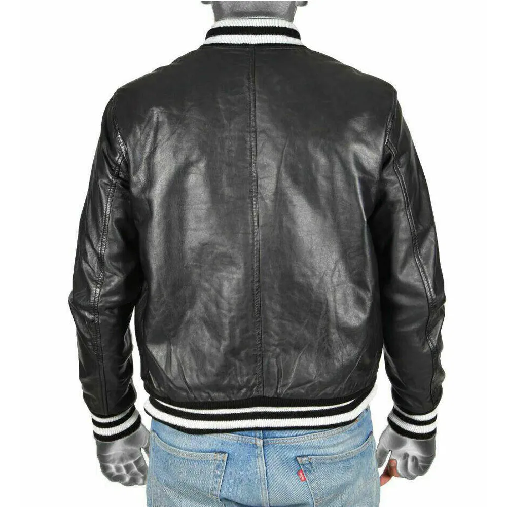 Black Leather Lightweight Bomber Varsity Style Jacket