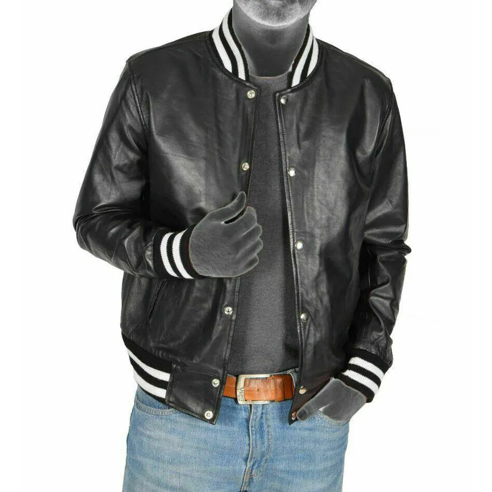 Black Leather Lightweight Bomber Varsity Style Jacket