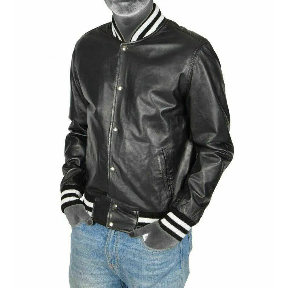 Black Leather Lightweight Bomber Varsity Style Jacket