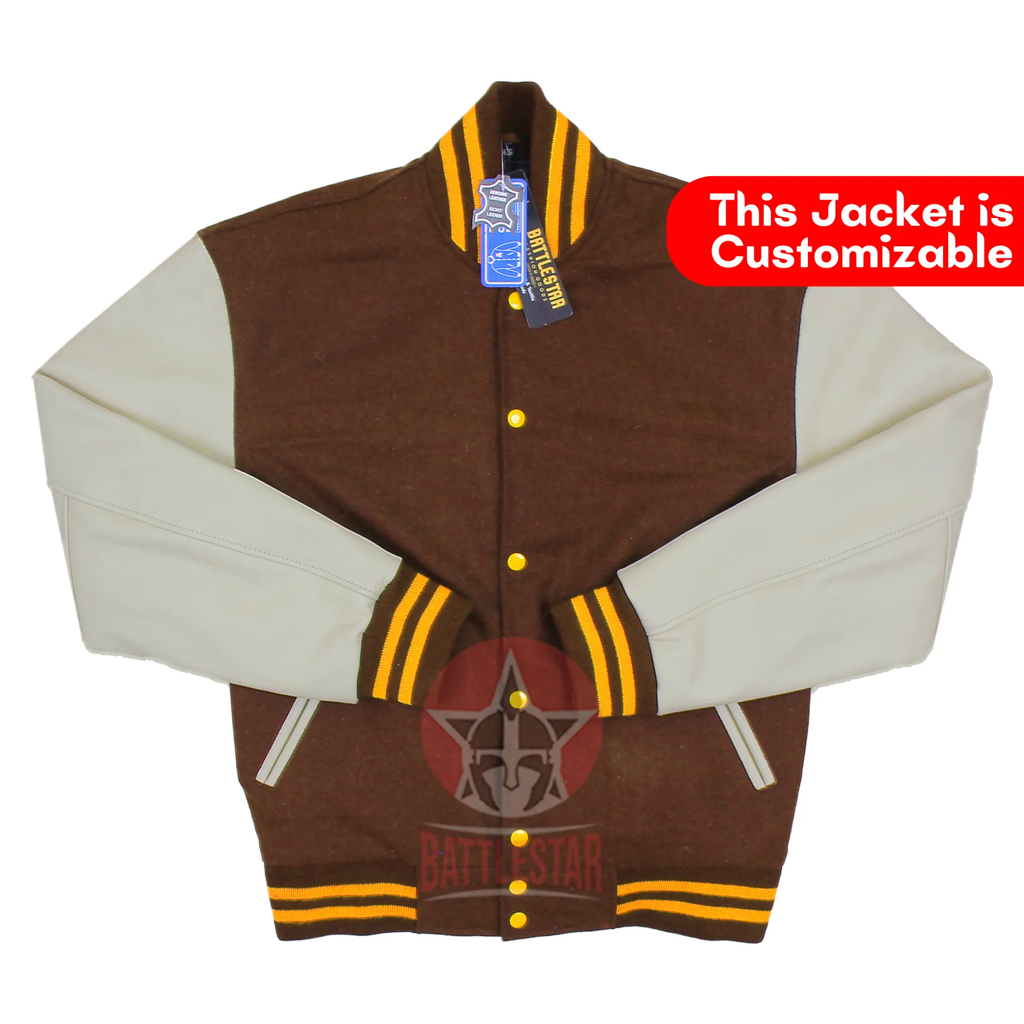 Brown Wool Cream Leather Sleeves Varsity Jacket