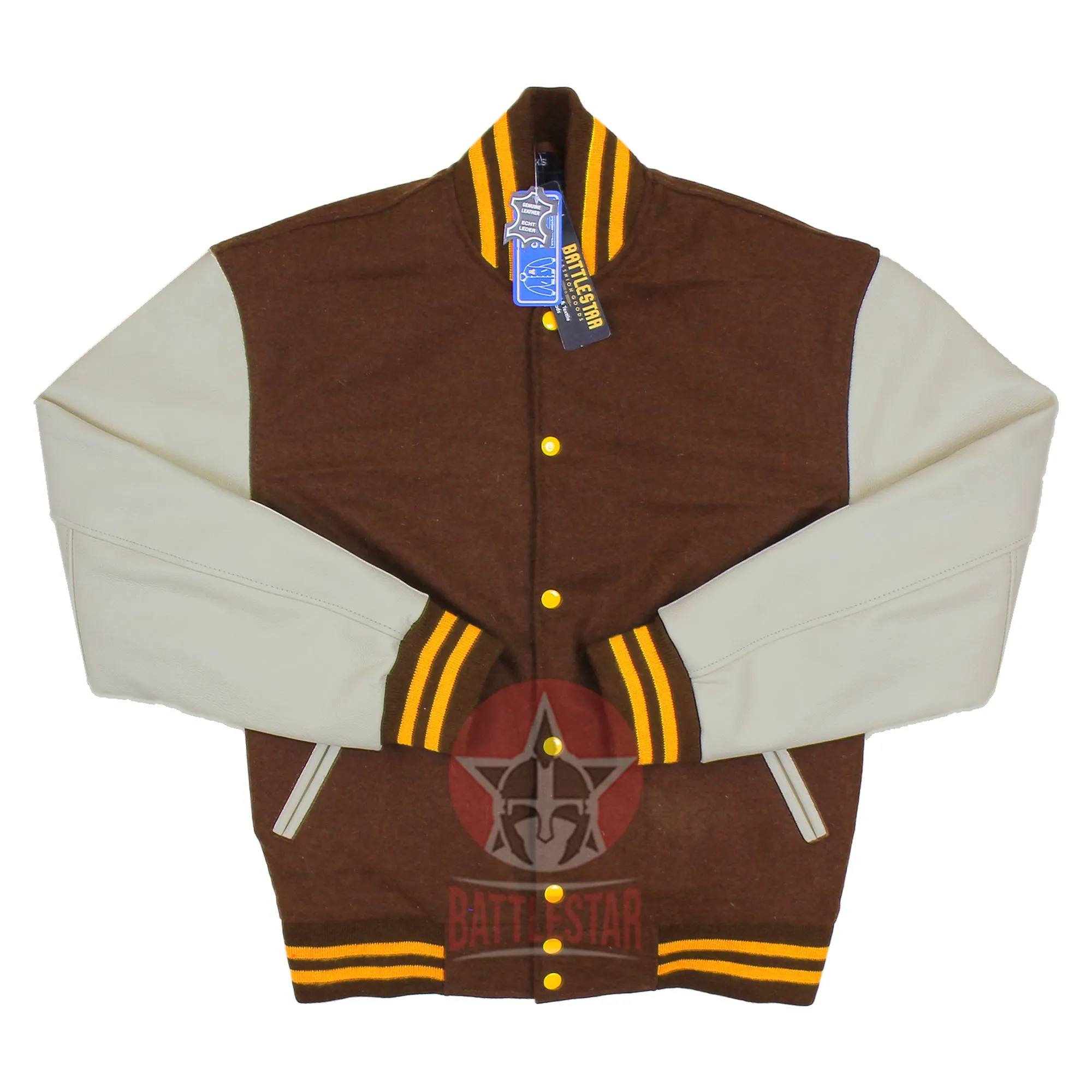 Brown Wool Cream Leather Sleeves Varsity Jacket