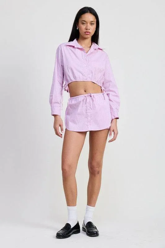 Button Up Top Cropped Top With Drawstring