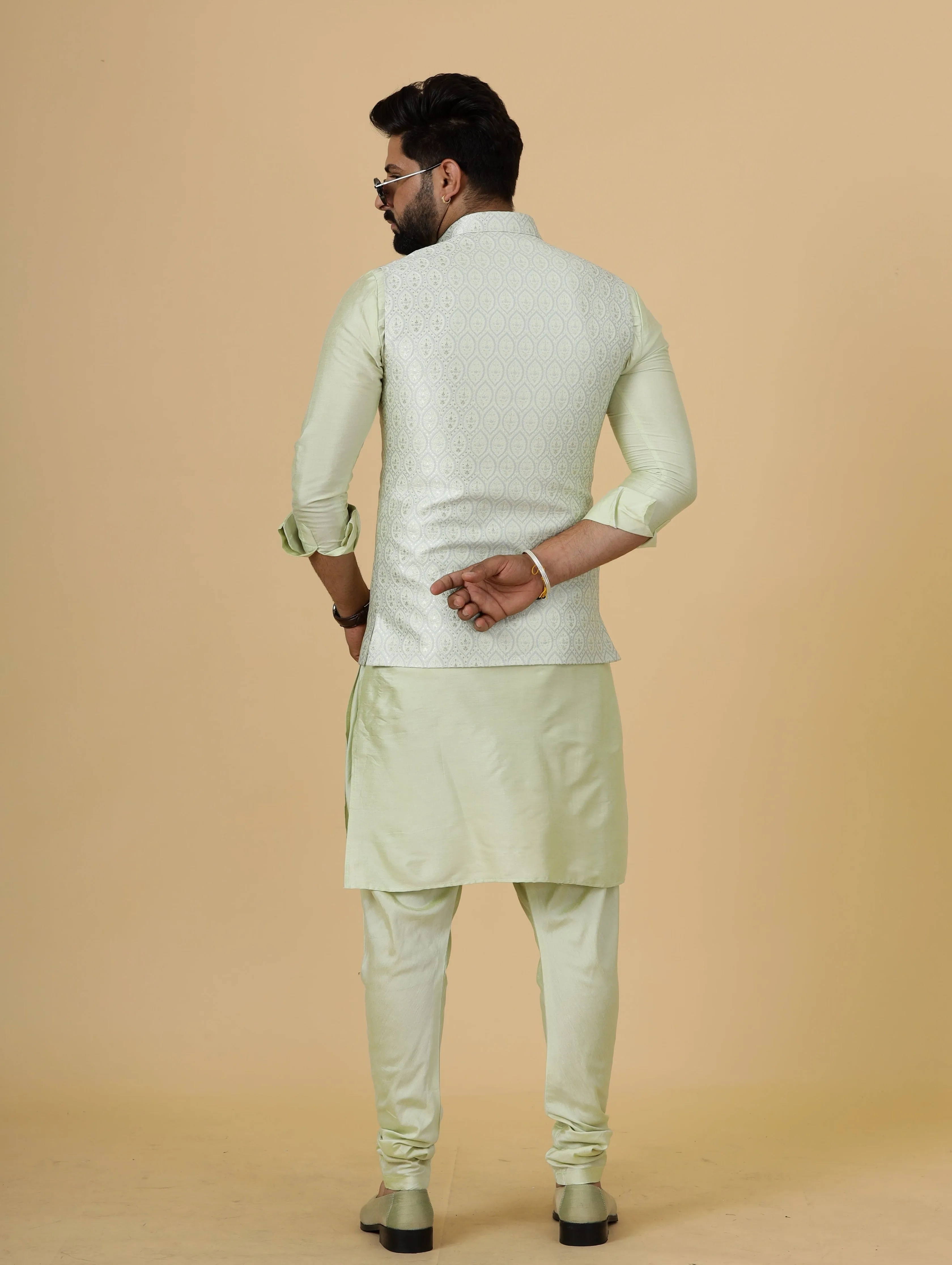 Classic Beige Banarasi Silk Half Jodhpuri Jacket with Light Green Kurta-Pajama for Men