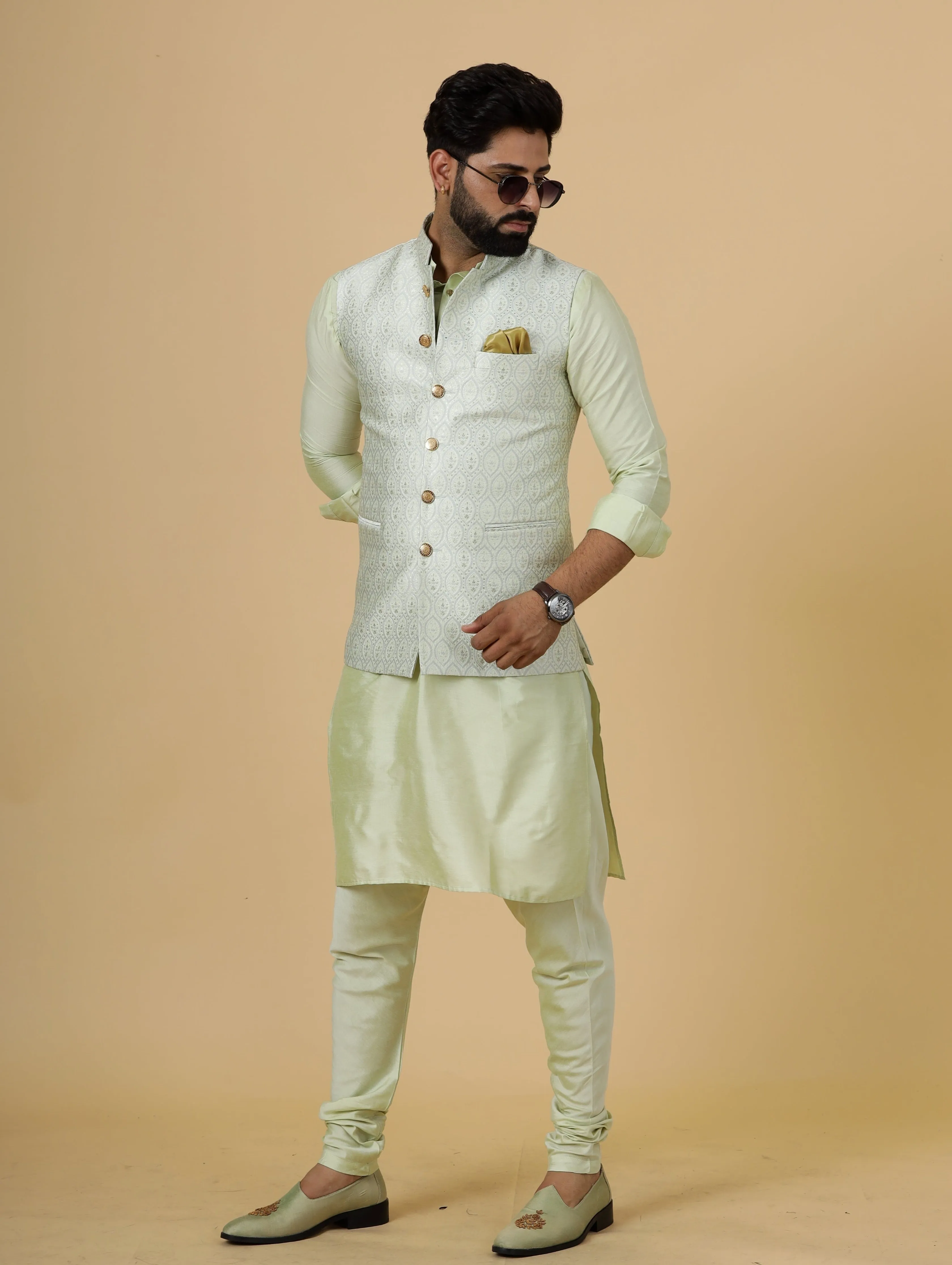 Classic Beige Banarasi Silk Half Jodhpuri Jacket with Light Green Kurta-Pajama for Men