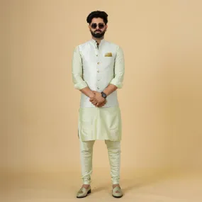 Classic Beige Banarasi Silk Half Jodhpuri Jacket with Light Green Kurta-Pajama for Men