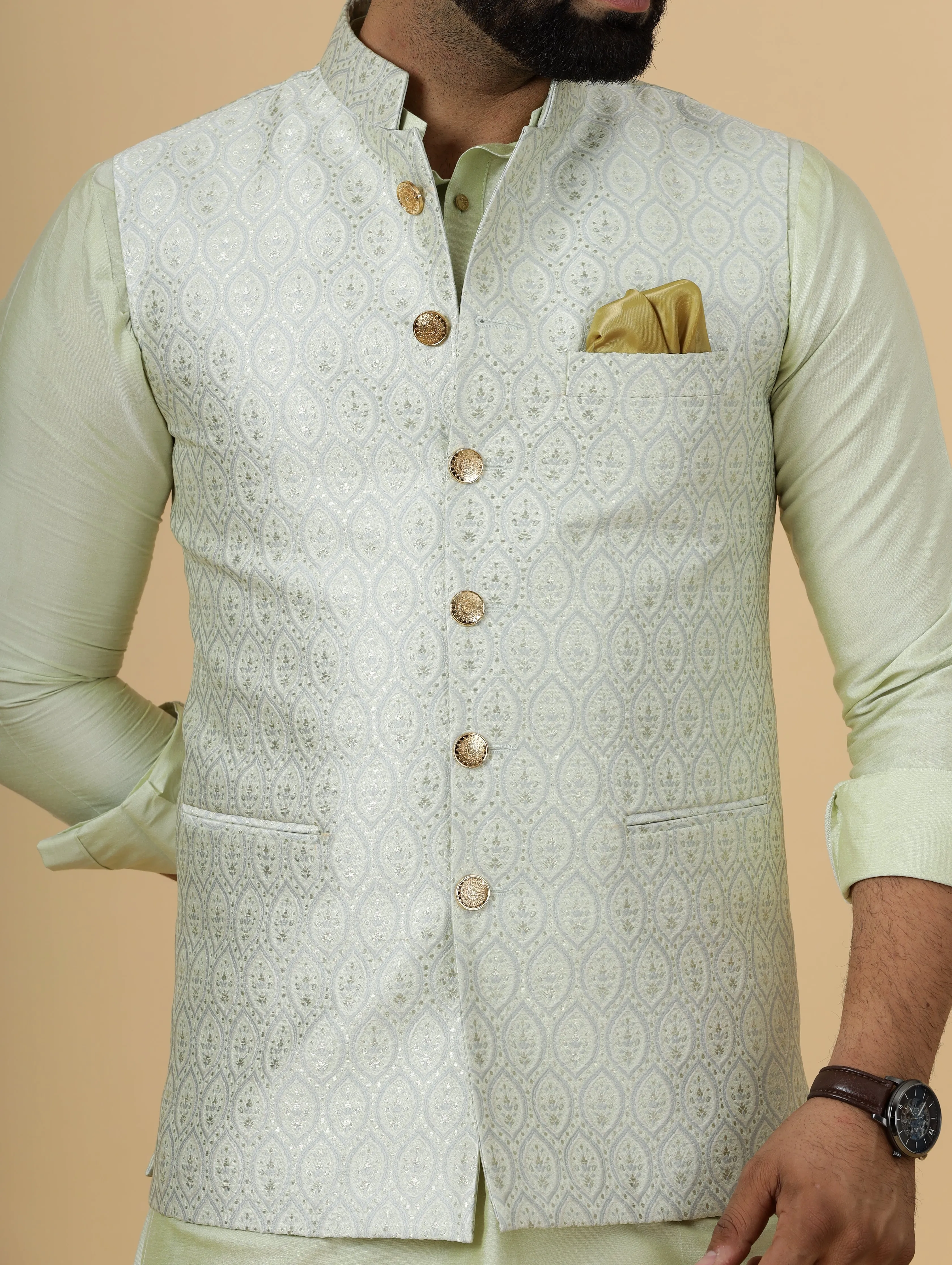 Classic Beige Banarasi Silk Half Jodhpuri Jacket with Light Green Kurta-Pajama for Men