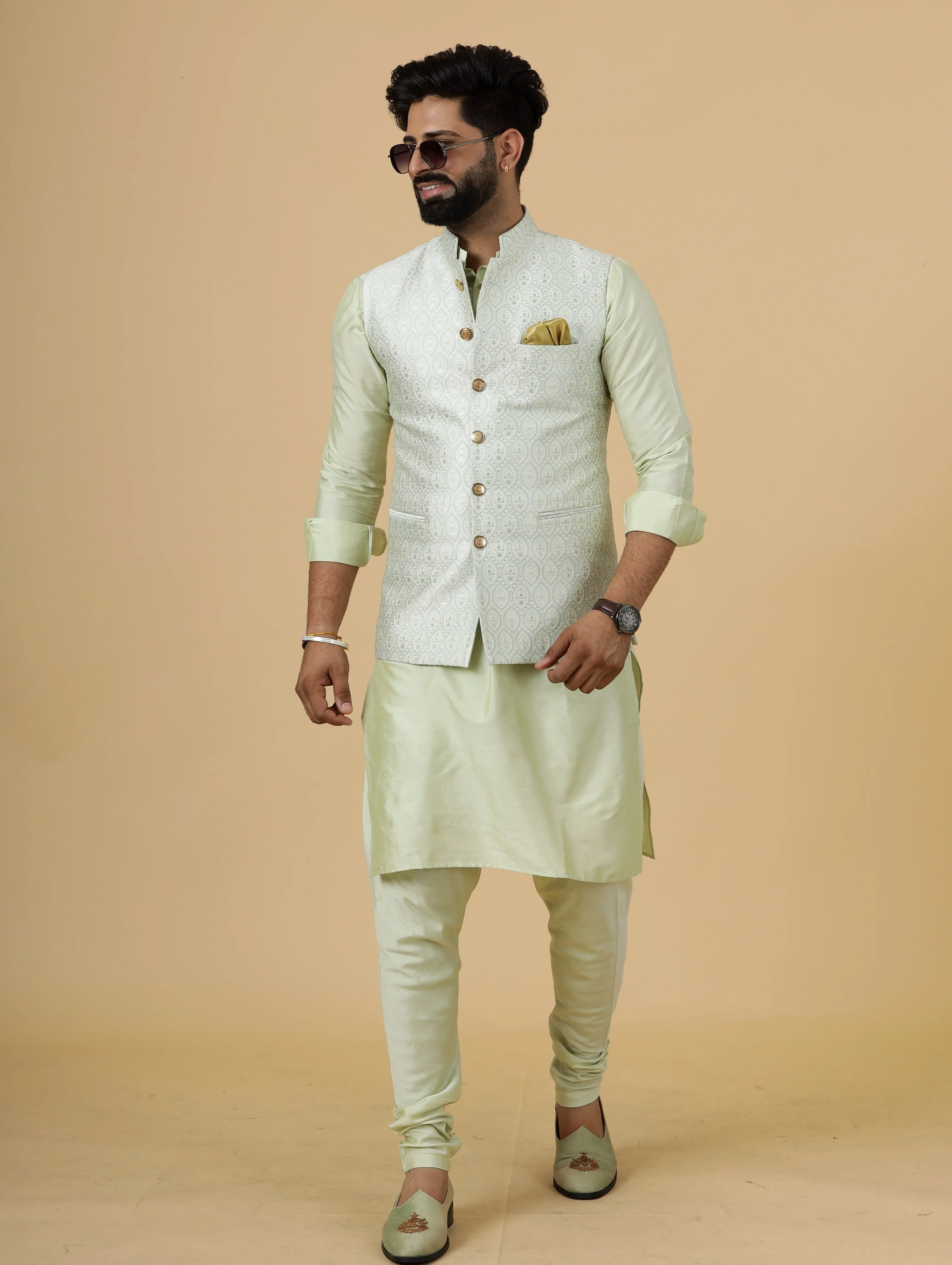 Classic Beige Banarasi Silk Half Jodhpuri Jacket with Light Green Kurta-Pajama for Men