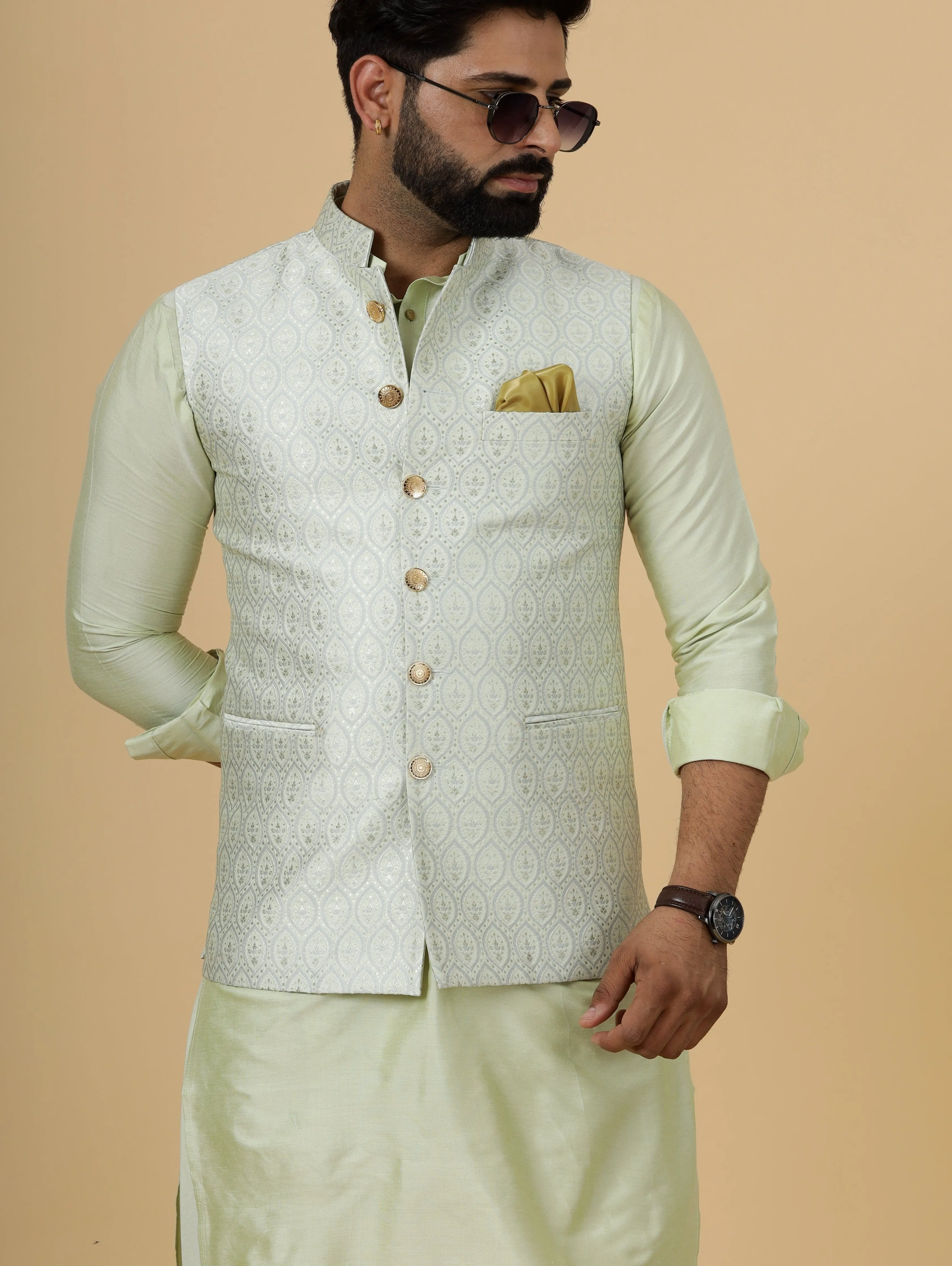 Classic Beige Banarasi Silk Half Jodhpuri Jacket with Light Green Kurta-Pajama for Men