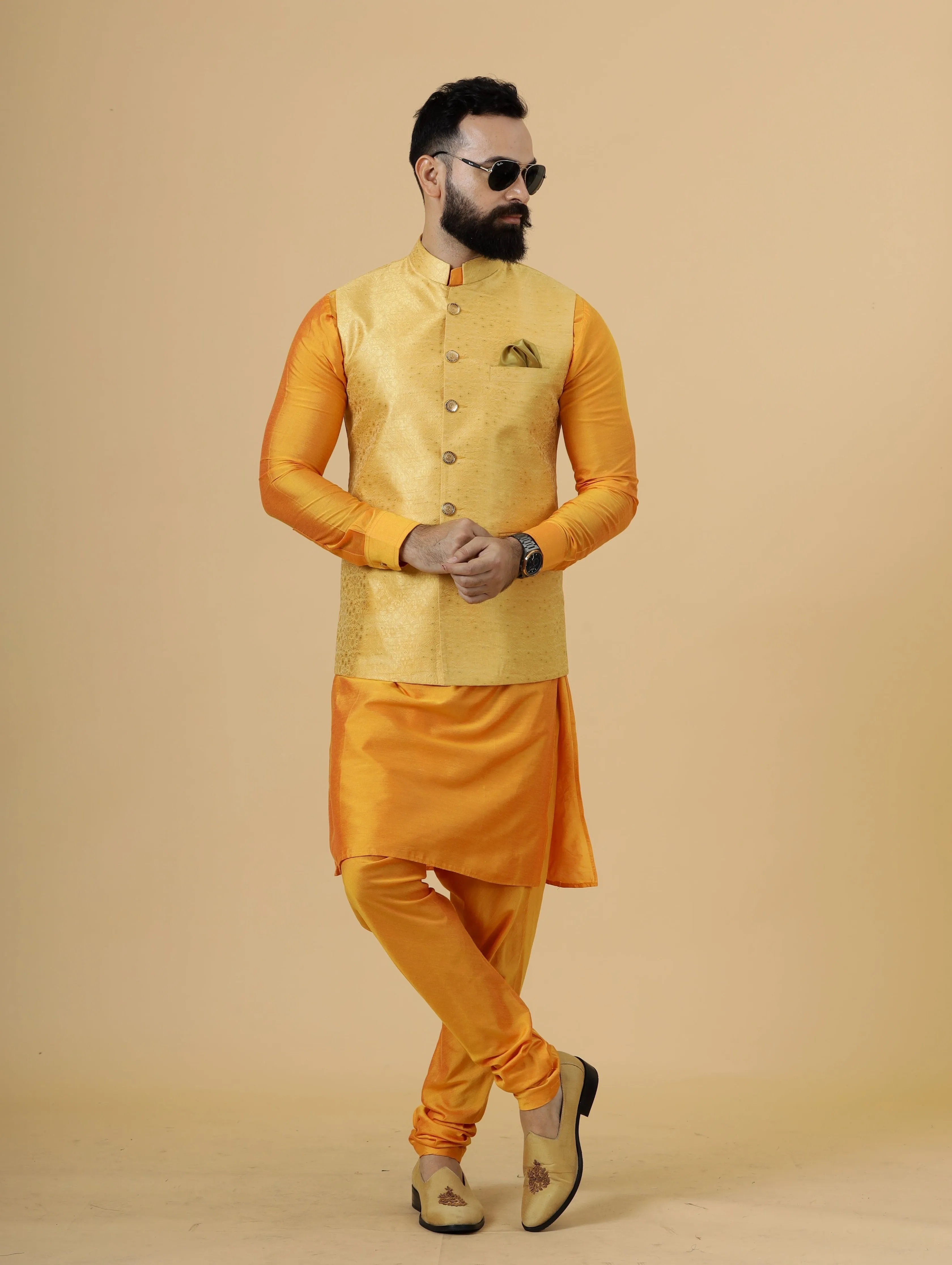 Classic Yellow Brocade Silk Half Jodhpuri Jacket with Marigold Kurta-Pajama for Men