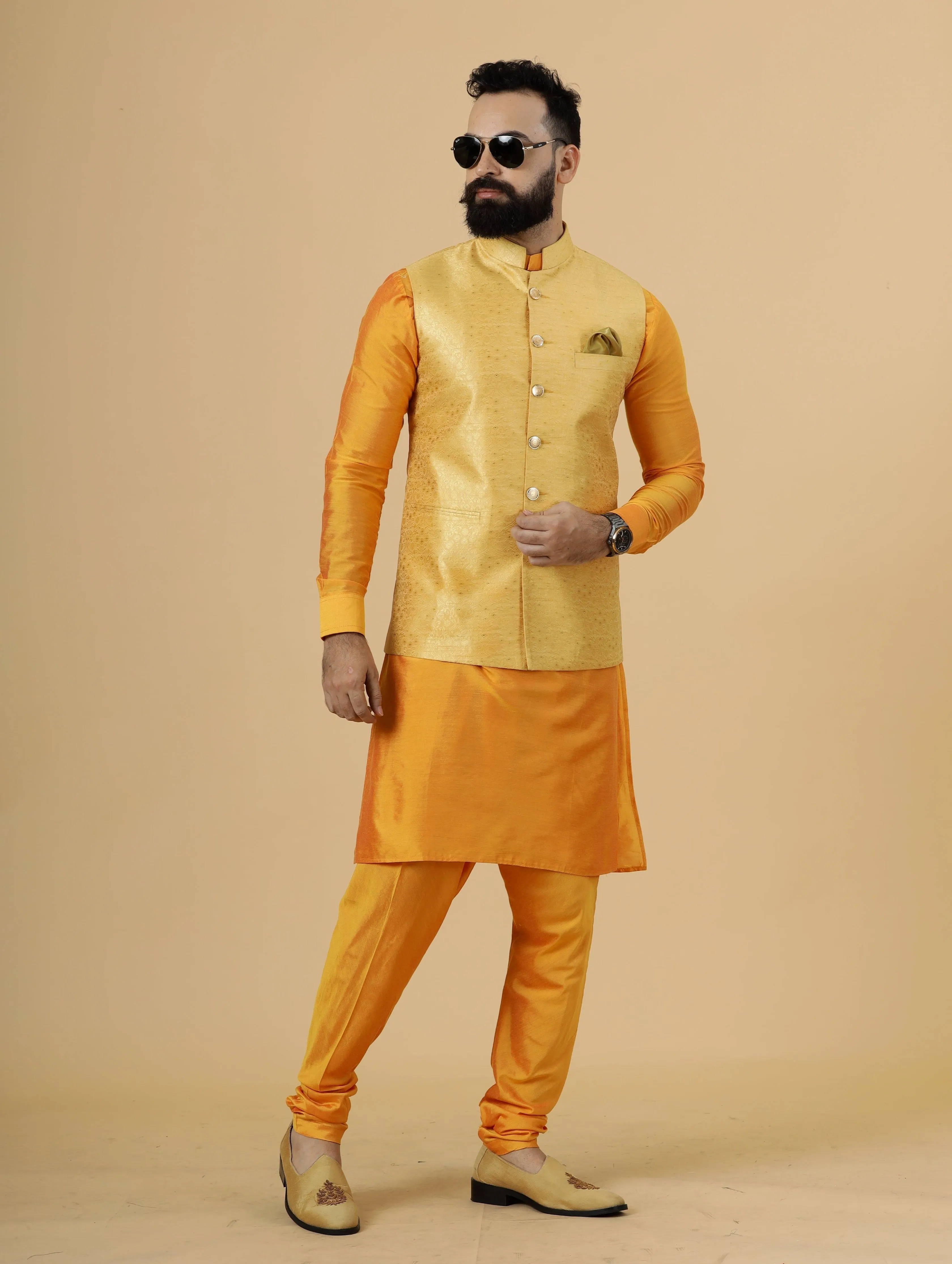 Classic Yellow Brocade Silk Half Jodhpuri Jacket with Marigold Kurta-Pajama for Men