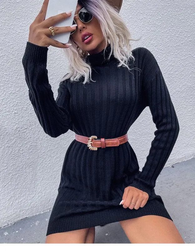 Cozy Striped Turtleneck Sweater Dress with Unique Pit Strip Detail for Women