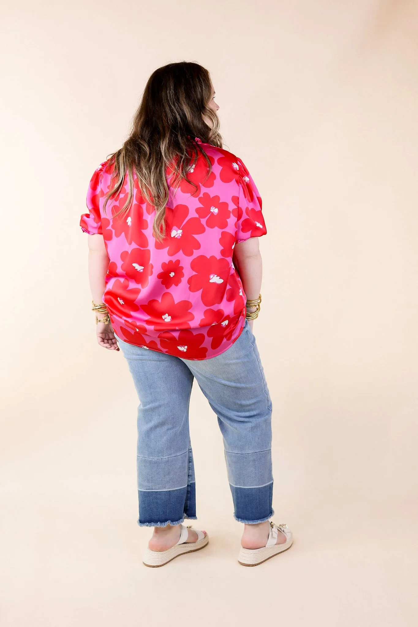 Divine Design Floral Blouse With Puffed Sleeve and Ruffle Neckline in Pink