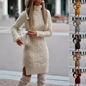 Fashion Turtleneck Knitted Dress With Slit Design Winter Warm Solid Color Pullover Long Sweater Women's Clothing