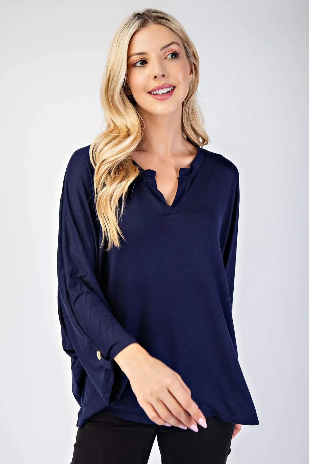 Full Size Notched Three-Quarter Sleeve Blouse