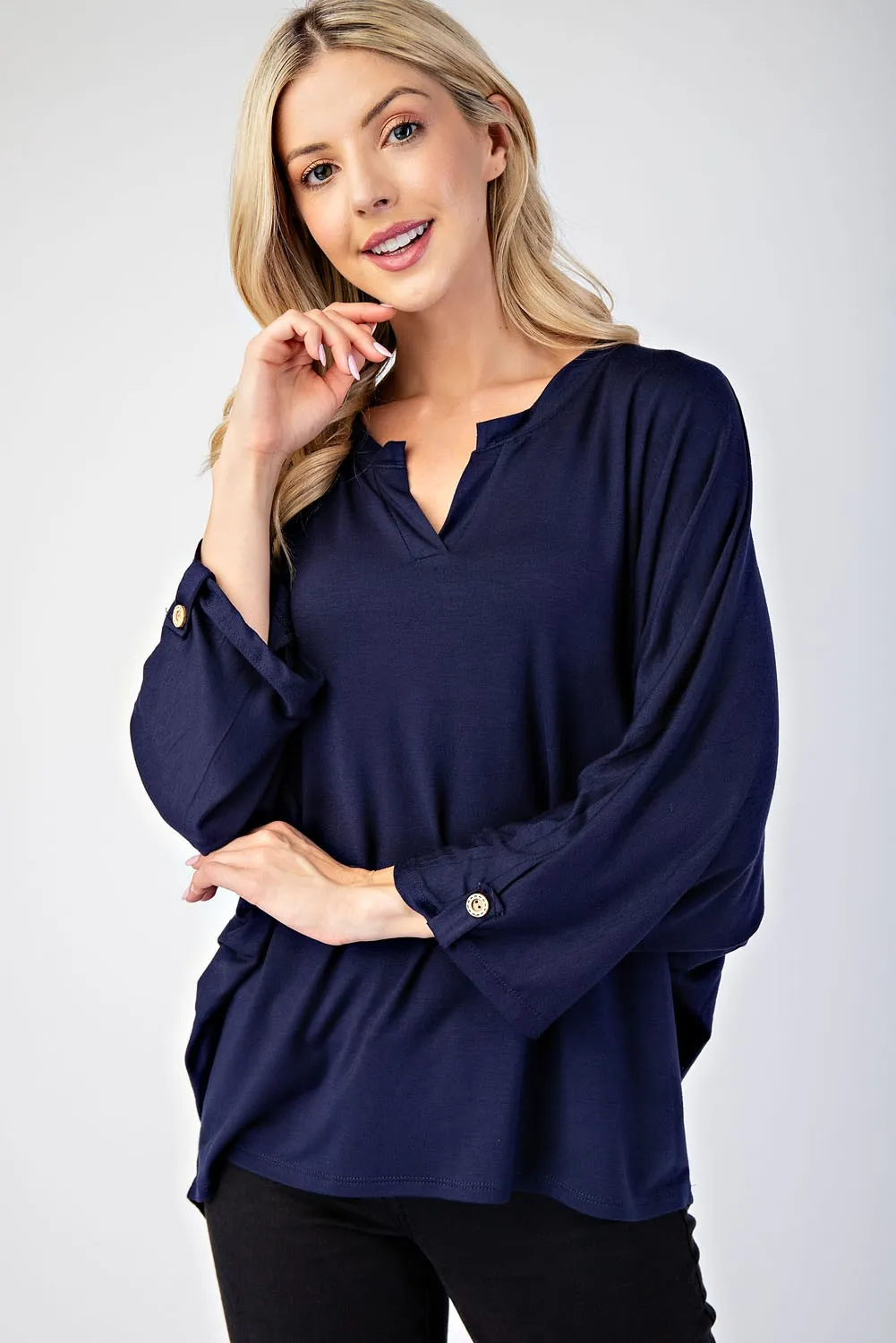 Full Size Notched Three-Quarter Sleeve Blouse