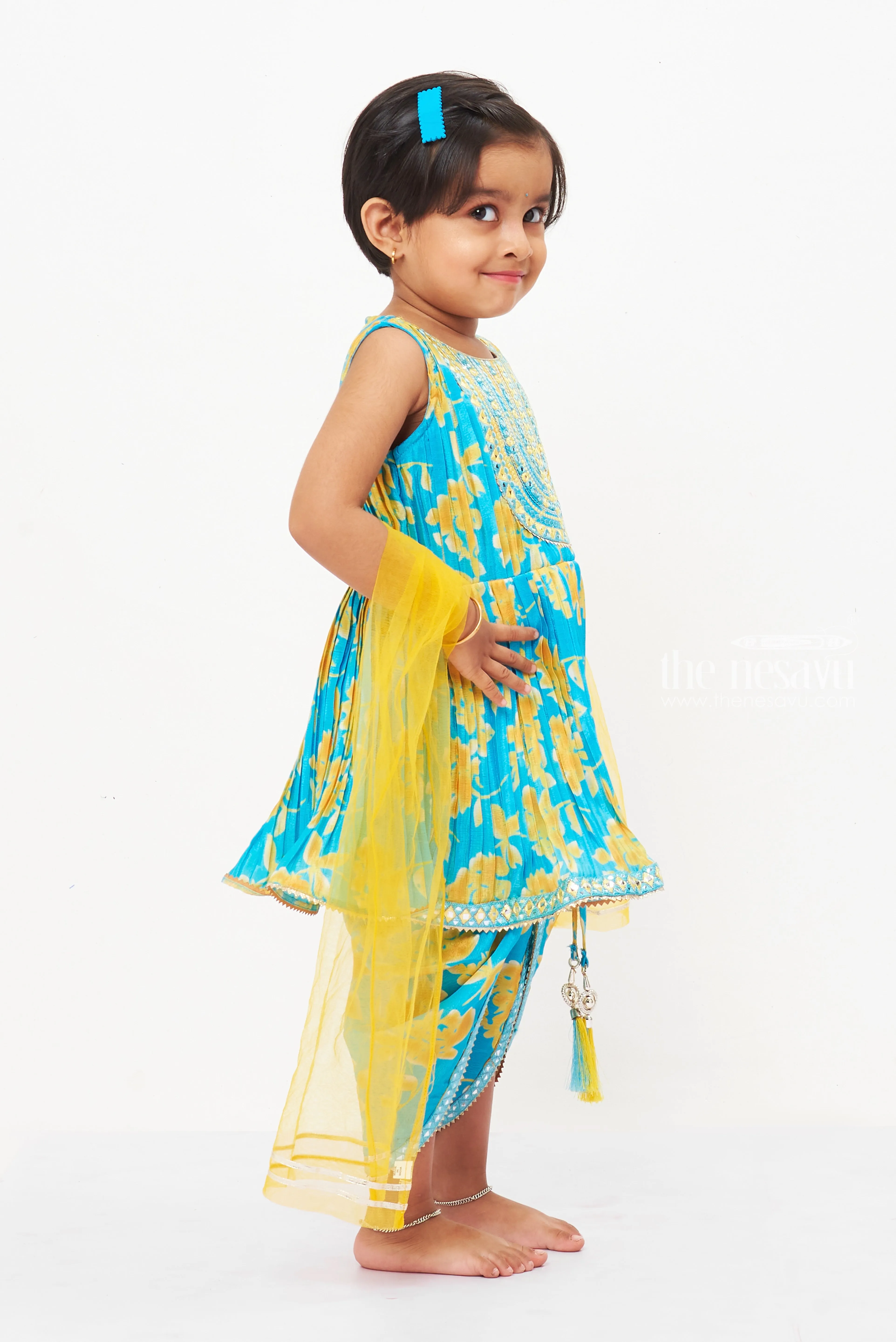 Girls Sunshine Blue Kurti with Dhoti Pant Set - Vibrant and Versatile