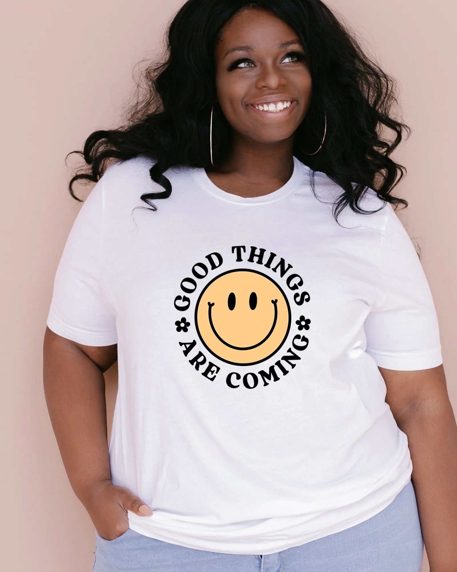 Good Things Are Coming Smiley Face Short Sleeve Graphic Tee | White