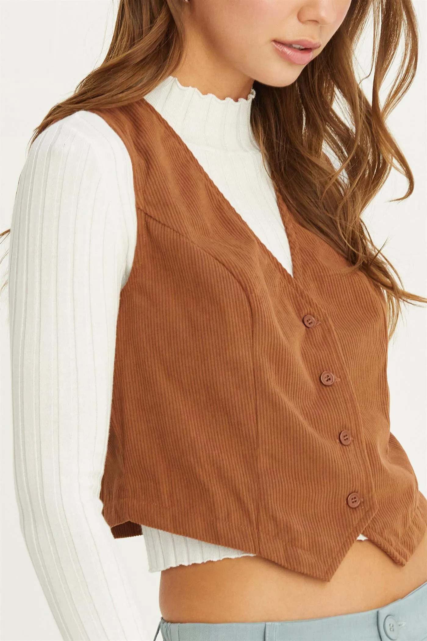 HF24F290-V-NECK BUTTONED CORDUROY VEST