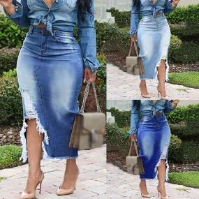 High Waist Ripped Denim Skirt