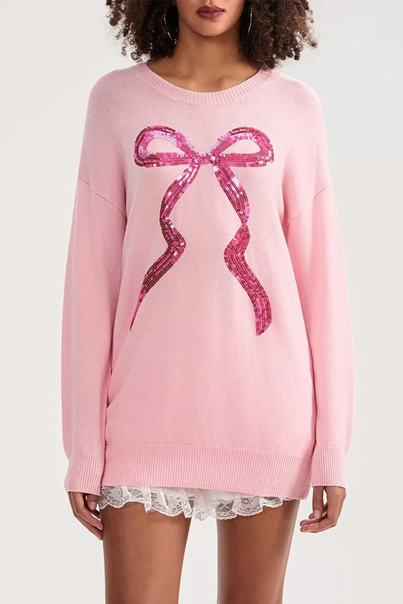 HWS1380 Sequin Bow Oversized Sweater