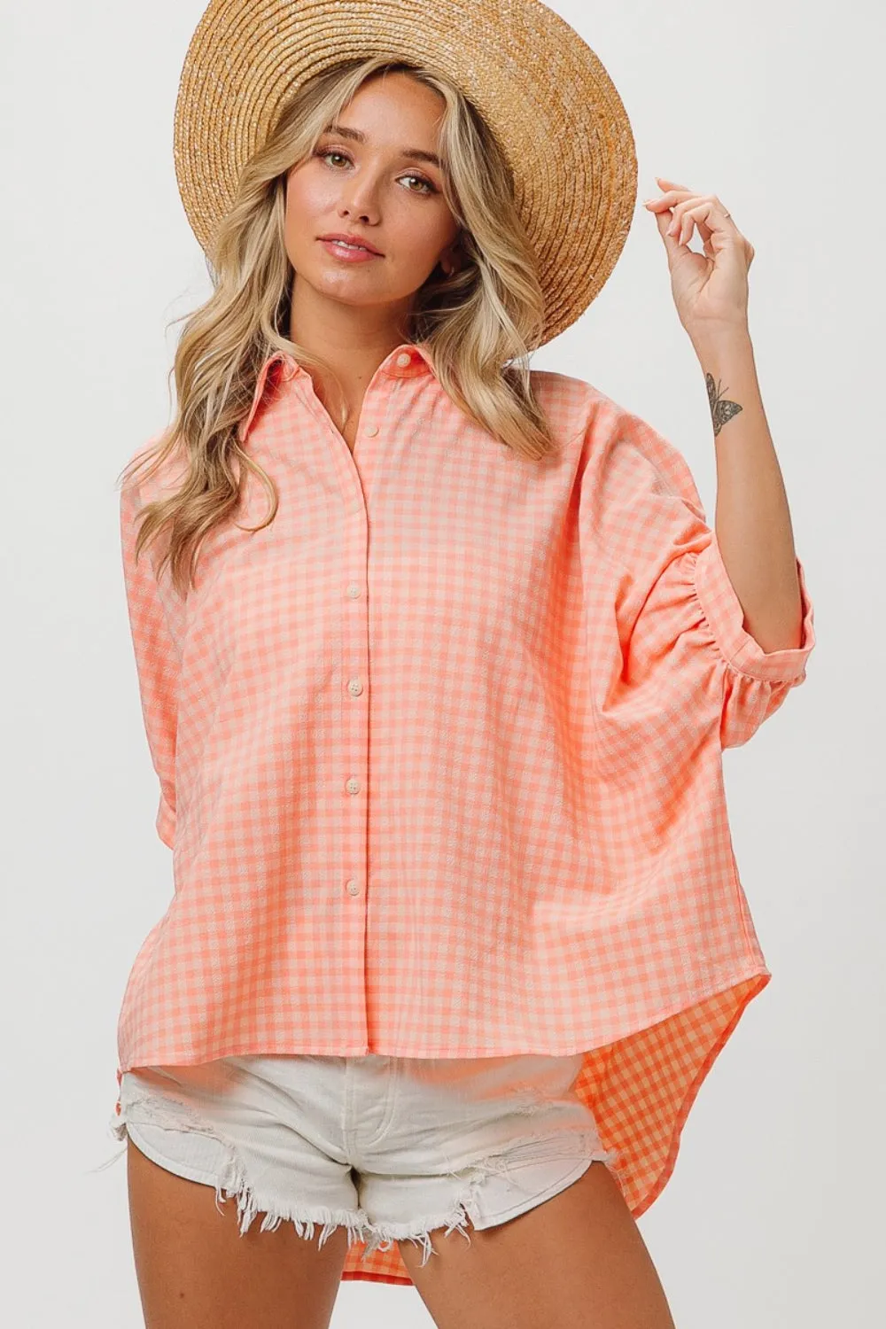 Kona Plaid Button Up Dolman Sleeve Shirt