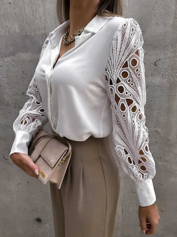 Lace Panel Long Sleeve Shirt Top