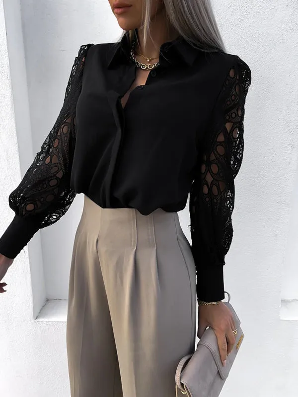 Lace Panel Long Sleeve Shirt Top