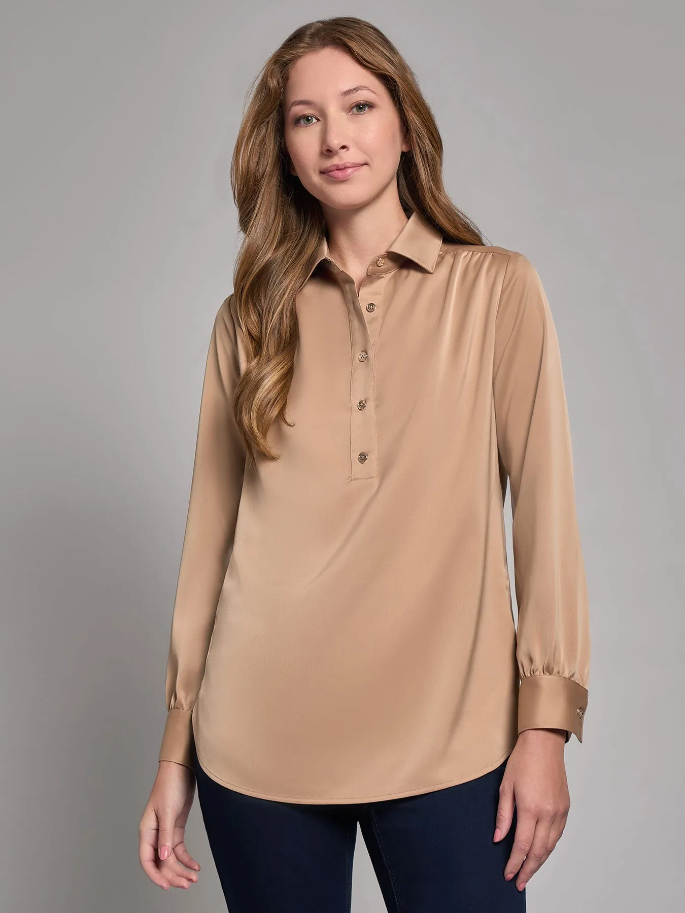 Long Sleeve Collared Popover Blouse, Jasper Crepe