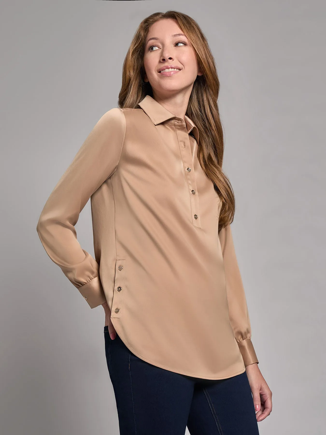 Long Sleeve Collared Popover Blouse, Jasper Crepe