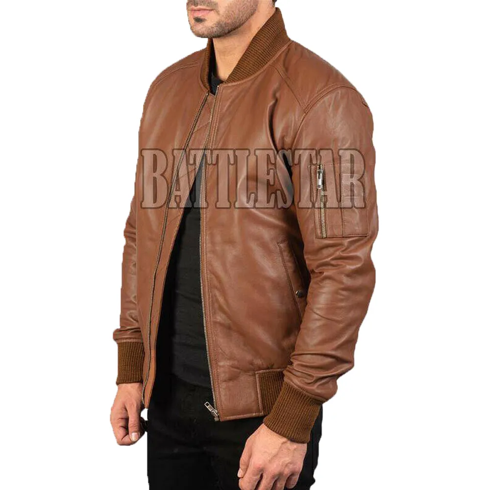 MA-1 Full Leather Classic Varsity Baseball Brown Jacket