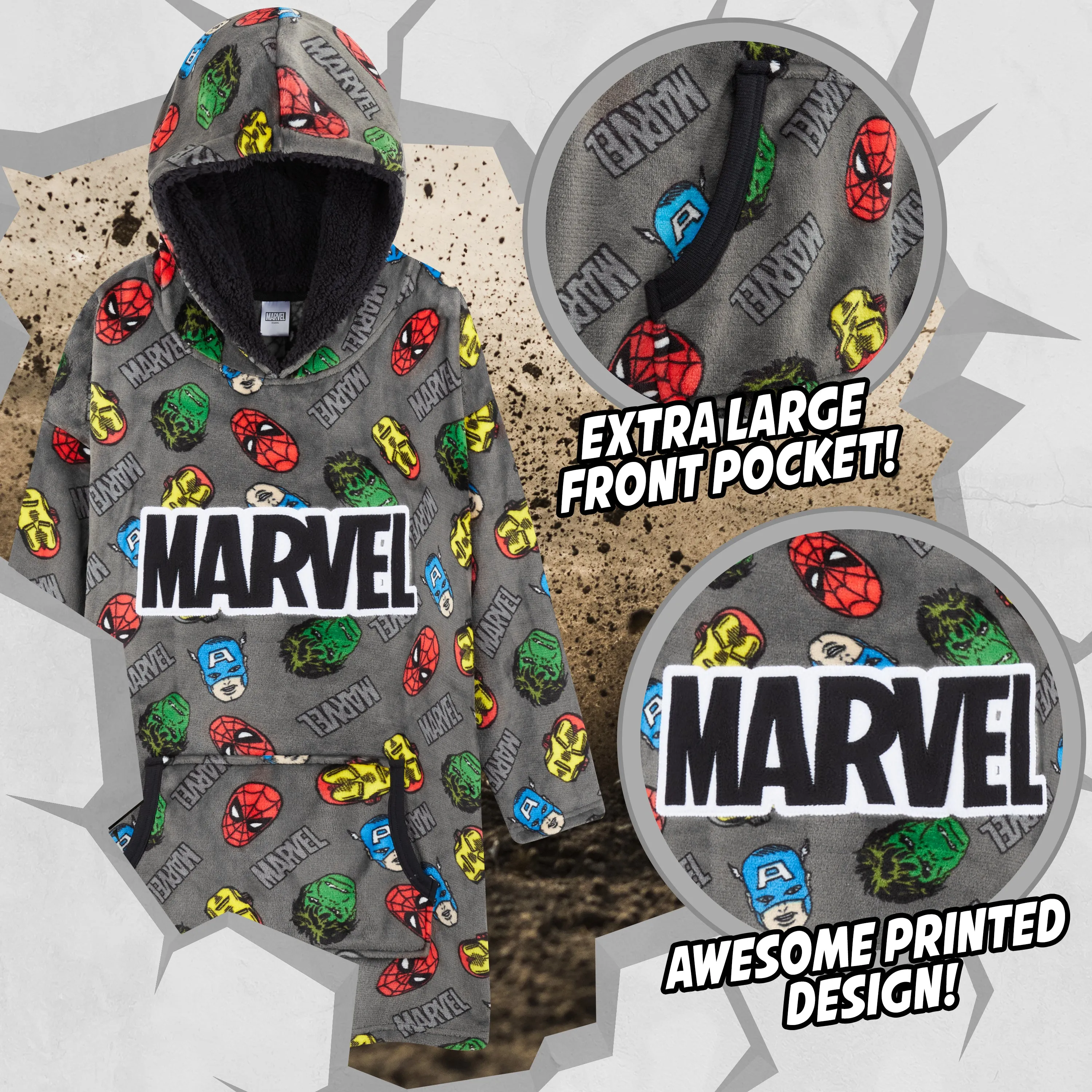 Marvel Hoodies for Boys, Fleece Oversized Blanket Hoodie Avengers