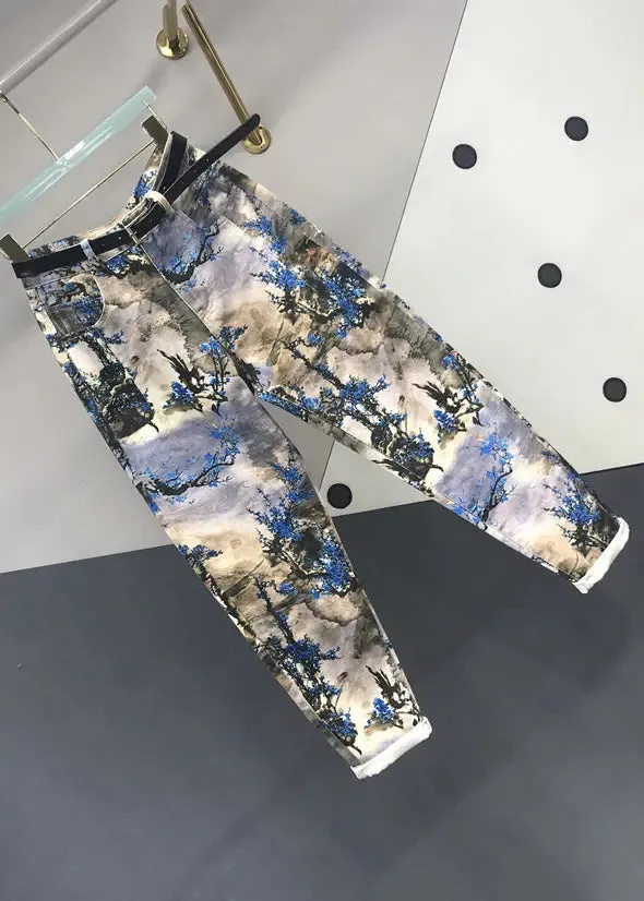 New Chinese Feng Shui Ink Printed Versatile Jeans Autumn ML0798