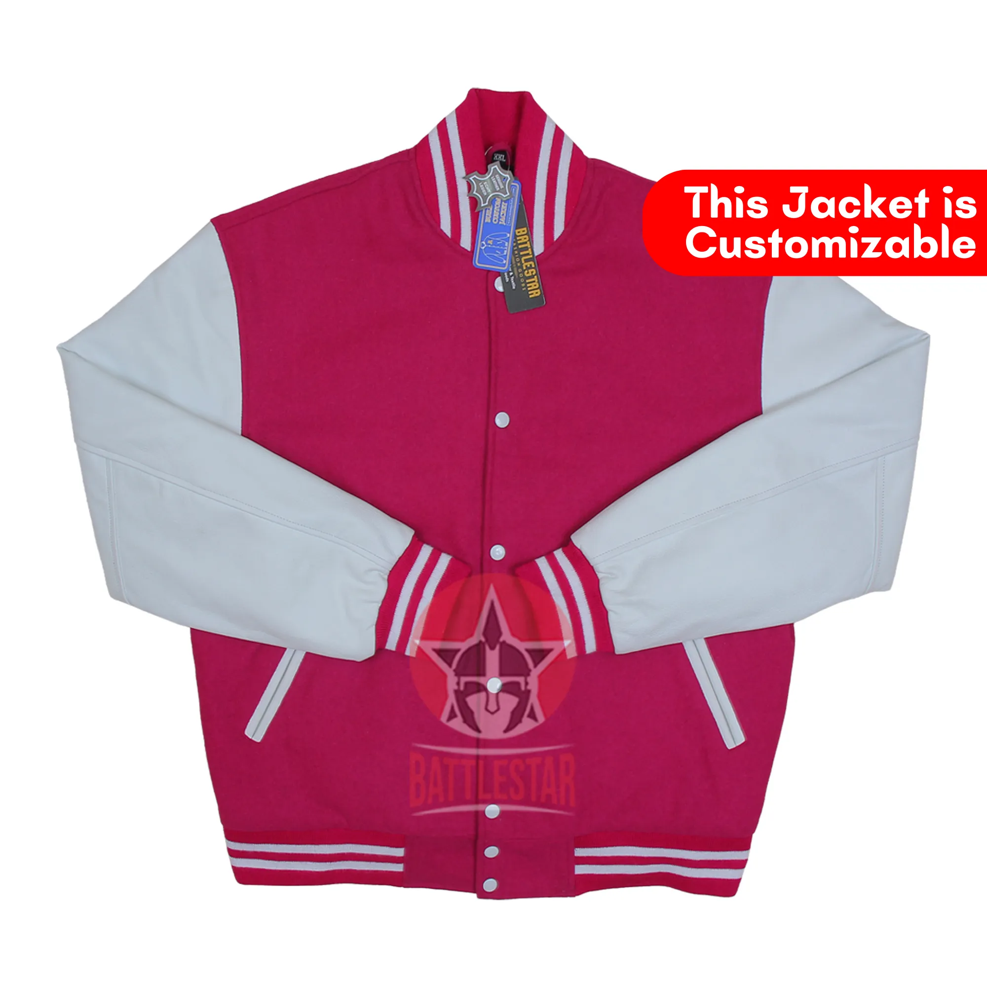 Pink Wool White Leather Varsity Baseball Jacket