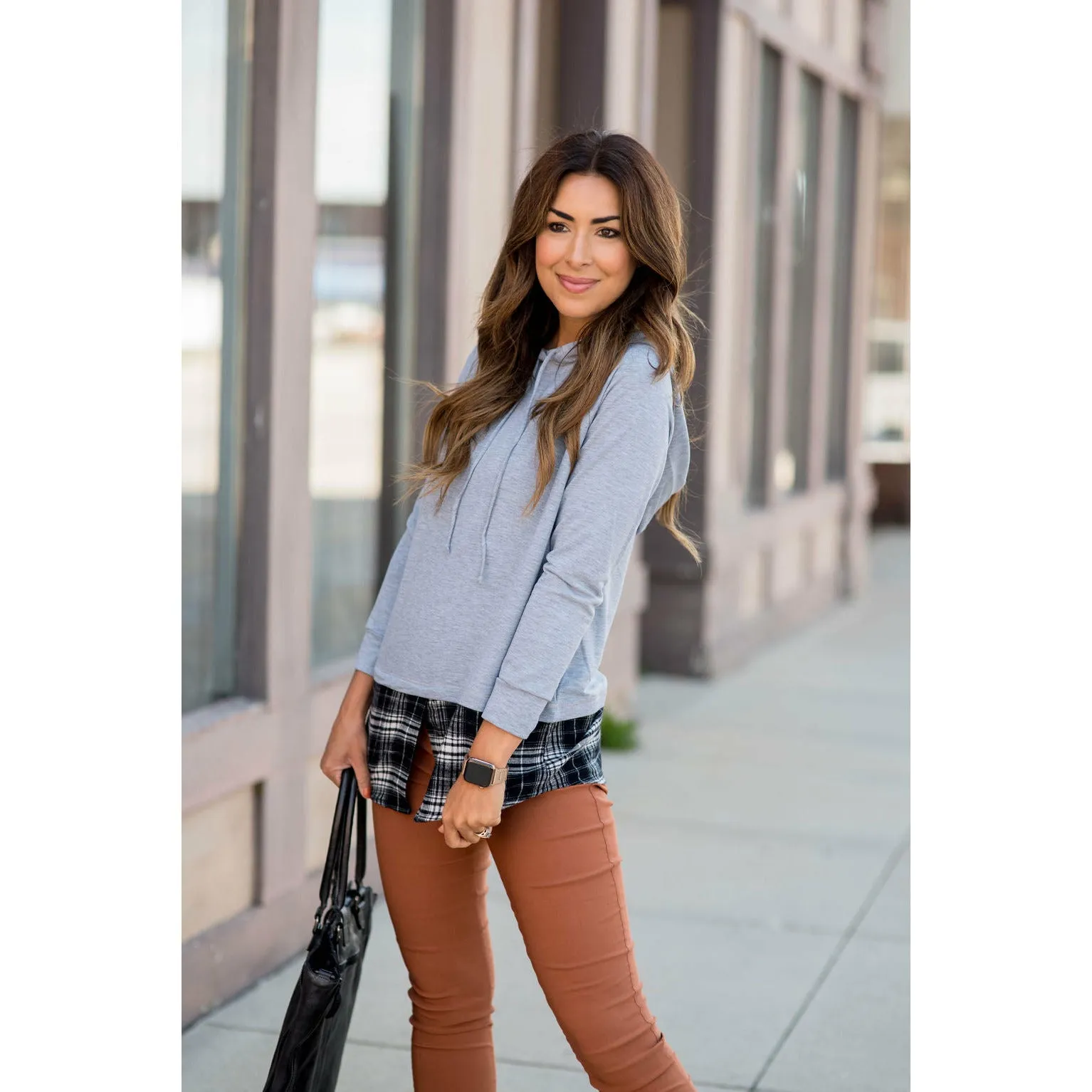 Plaid Accented Solid Hoodie