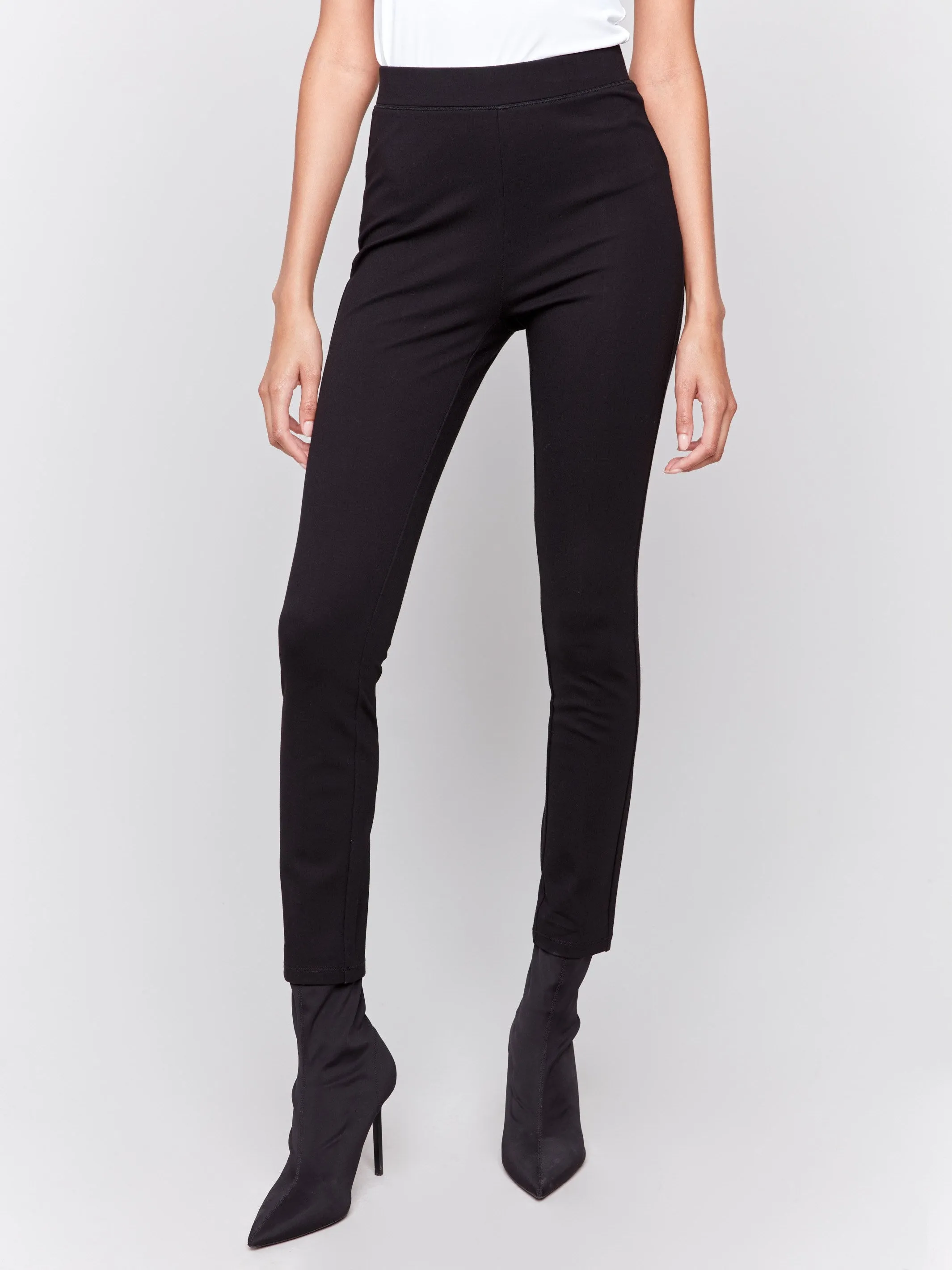 Pull-On Ponte Pants with Slit Detail - Black