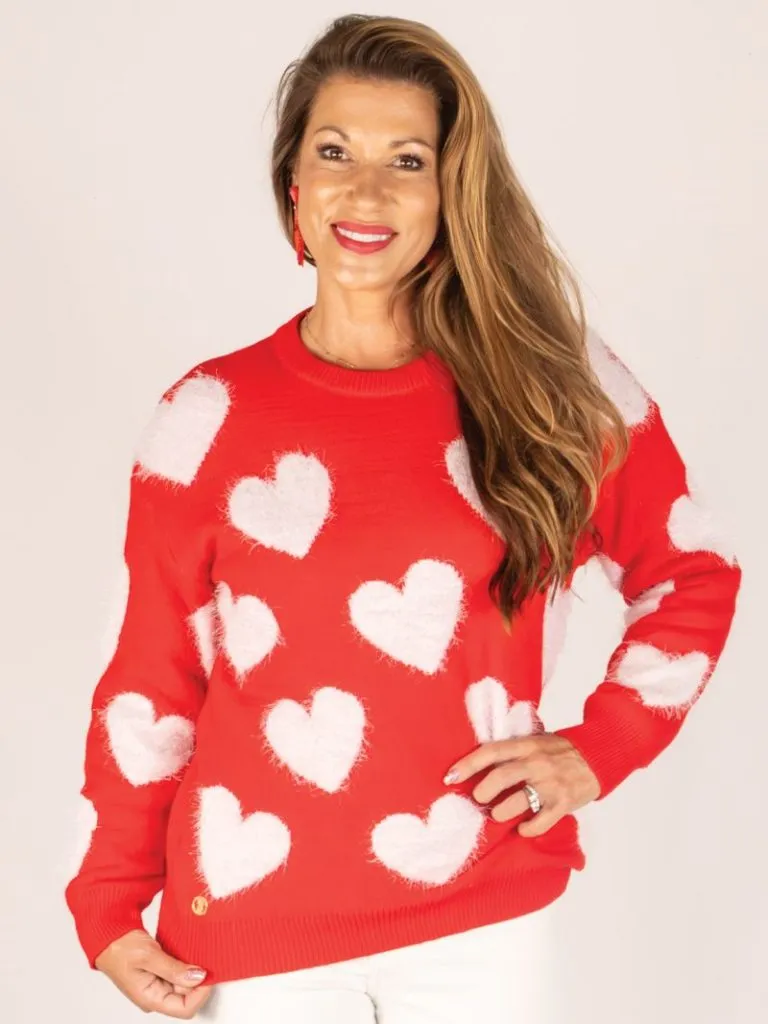 Red & White Hearts Fuzzy Sweater by Simply Southern