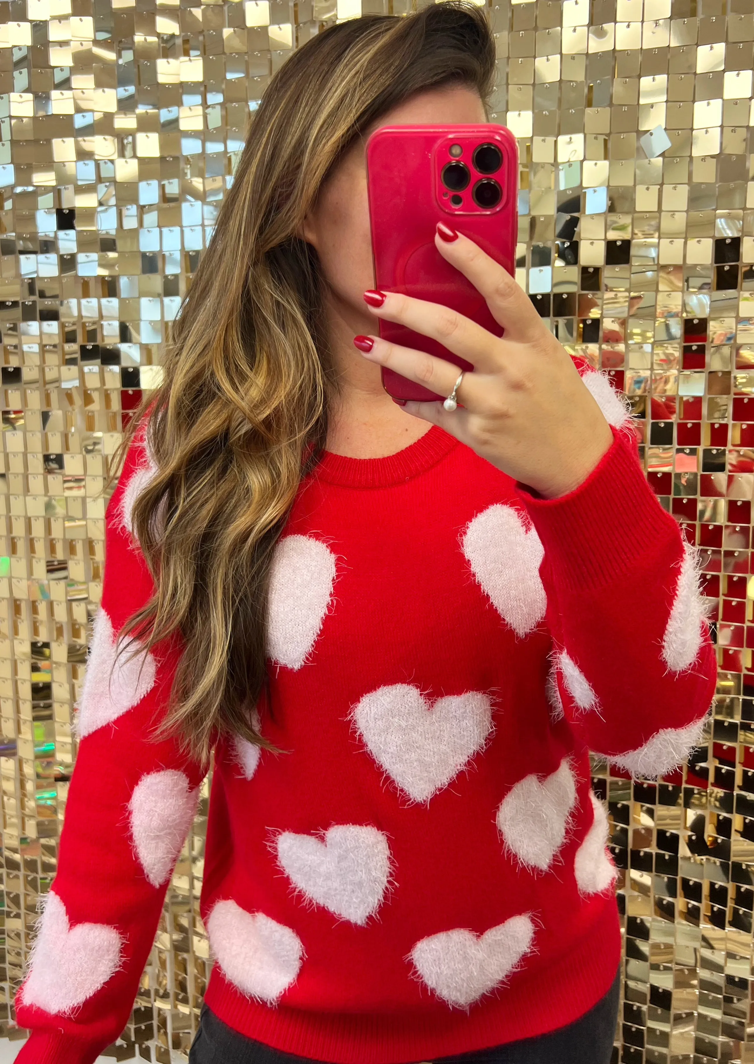 Red & White Hearts Fuzzy Sweater by Simply Southern