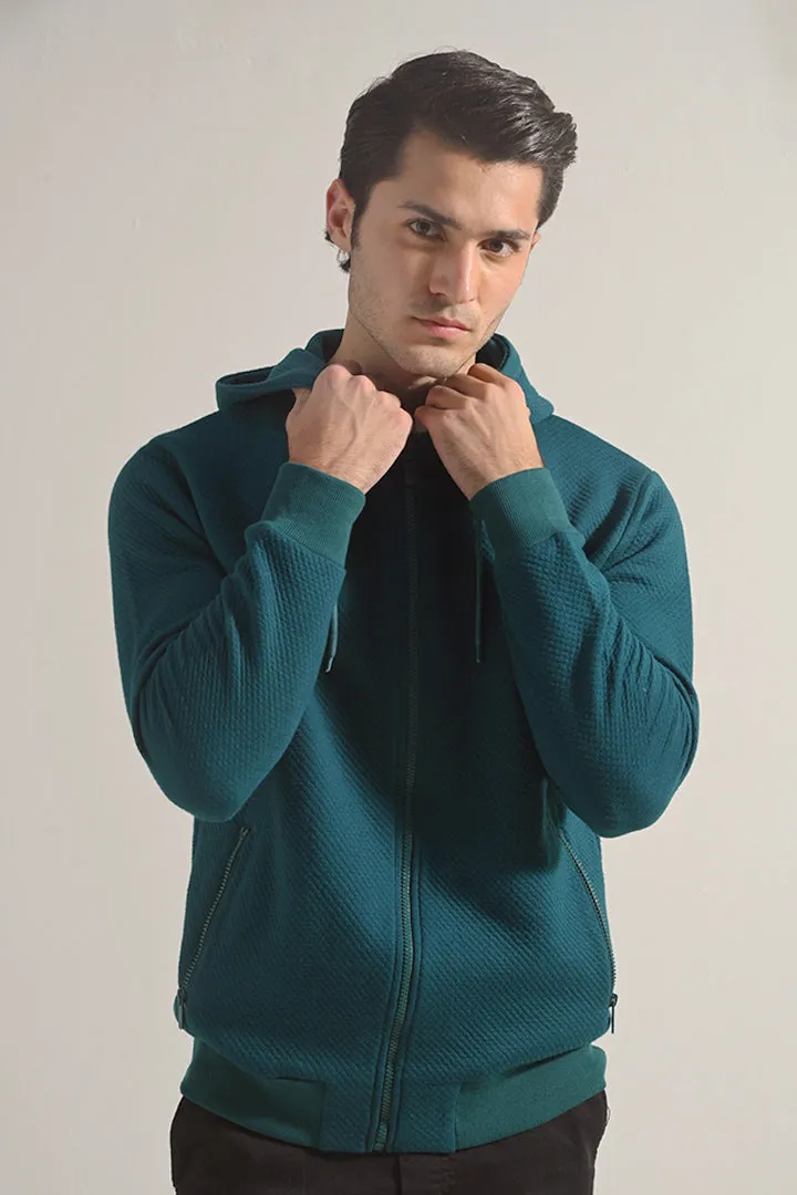 Textured Zipper Hoodie - Teal Green