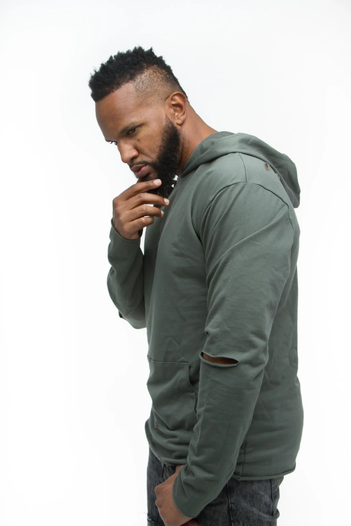 THE MYSTYLEMODE MENSWEAR OLIVE DISTRESSED HOODIE