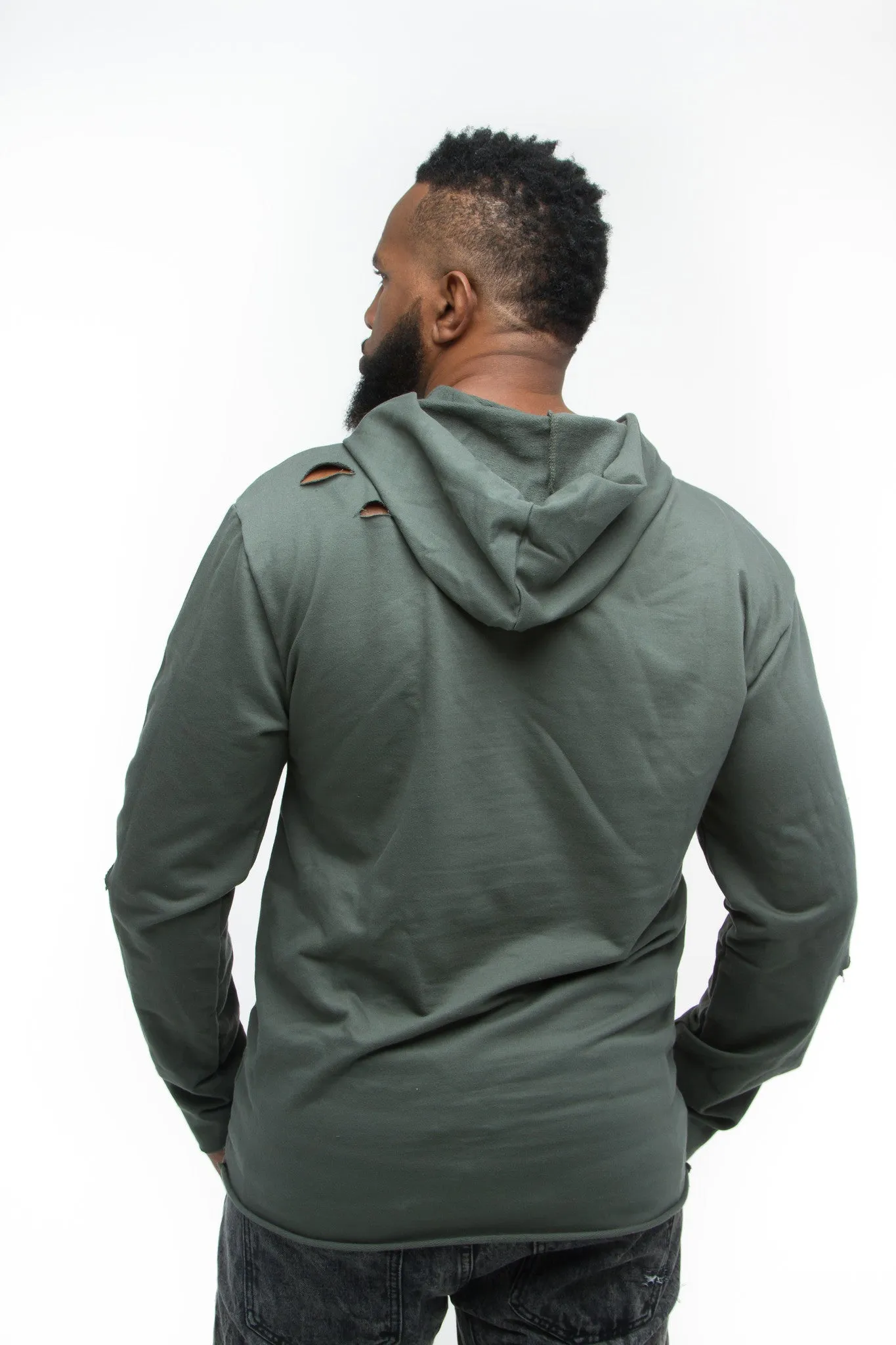 THE MYSTYLEMODE MENSWEAR OLIVE DISTRESSED HOODIE